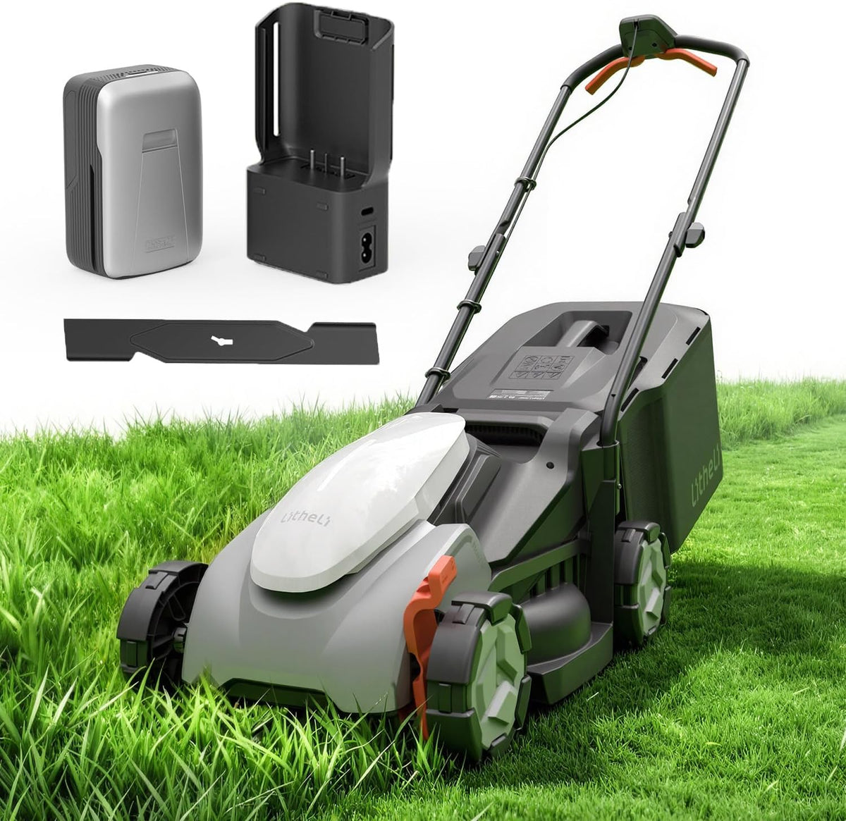 Litheli 14 Inch Cordless Lawn Mower, Lightweight Push Mower with 5.0Ah Battery and Smart Charger, Brushless Motor Lawnmower, 5-Position Height Adjustment (1-2.5 in) for up to 3000 Sq. Ft