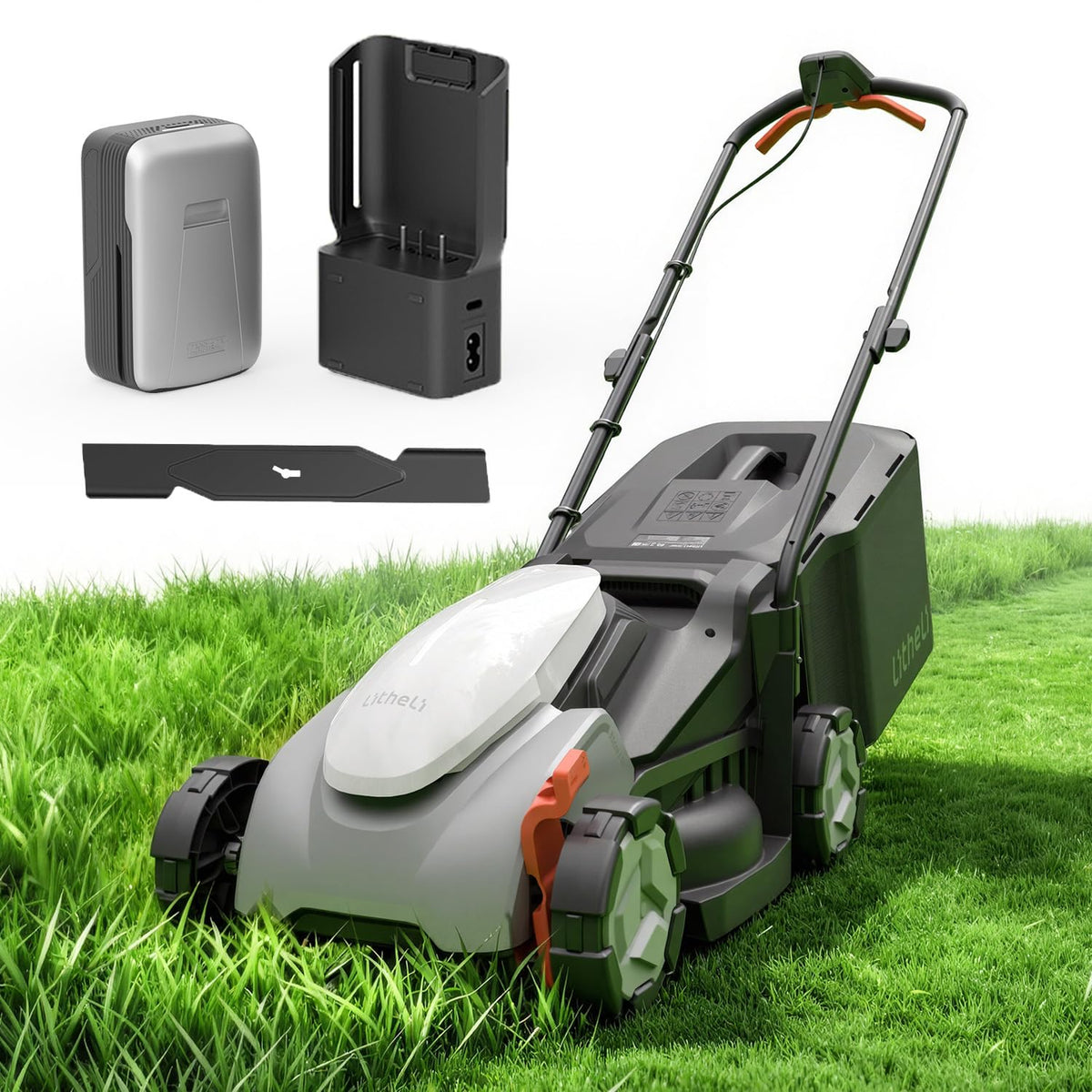 Litheli 14 Inch Cordless Lawn Mower, Lightweight Push Mower with 5.0Ah Battery and Smart Charger, Brushless Motor Lawnmower, 5-Position Height Adjustment (1-2.5 in) for up to 3000 Sq. Ft