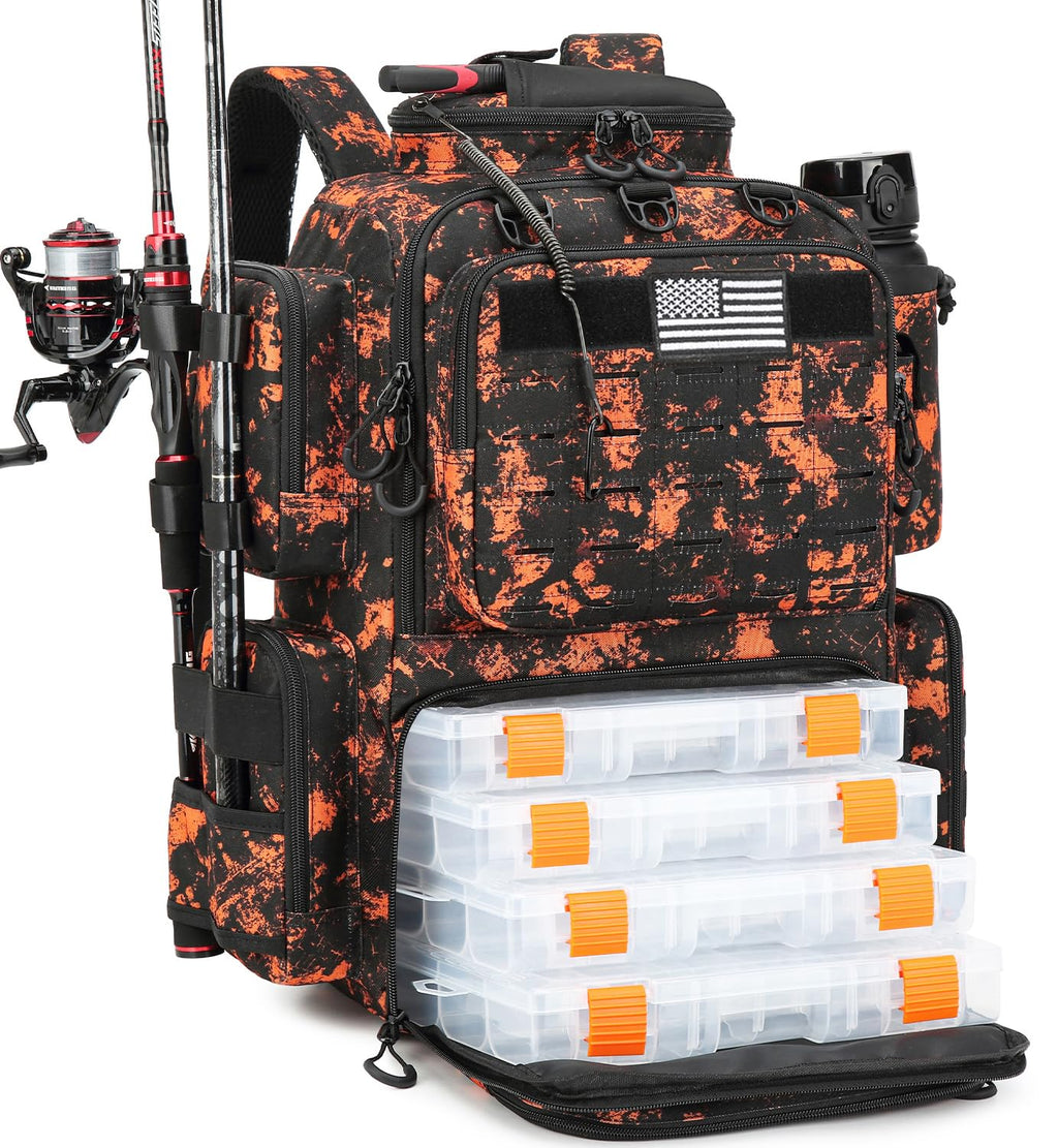 Tactical Fishing Backpack with 4 Tackle Boxes, Rod Holders & Bottle Holder