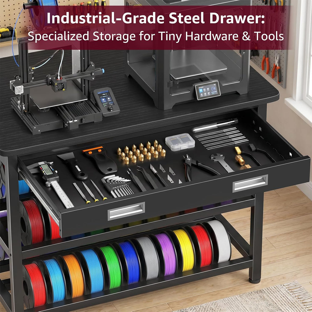 3D Printer Stand with Filament Storage - Heavy Duty 3D Printer Table with Metal Drawer, 36 inch 3 Tier Metal 3 D Printing Desk for 3 D Printers, Black