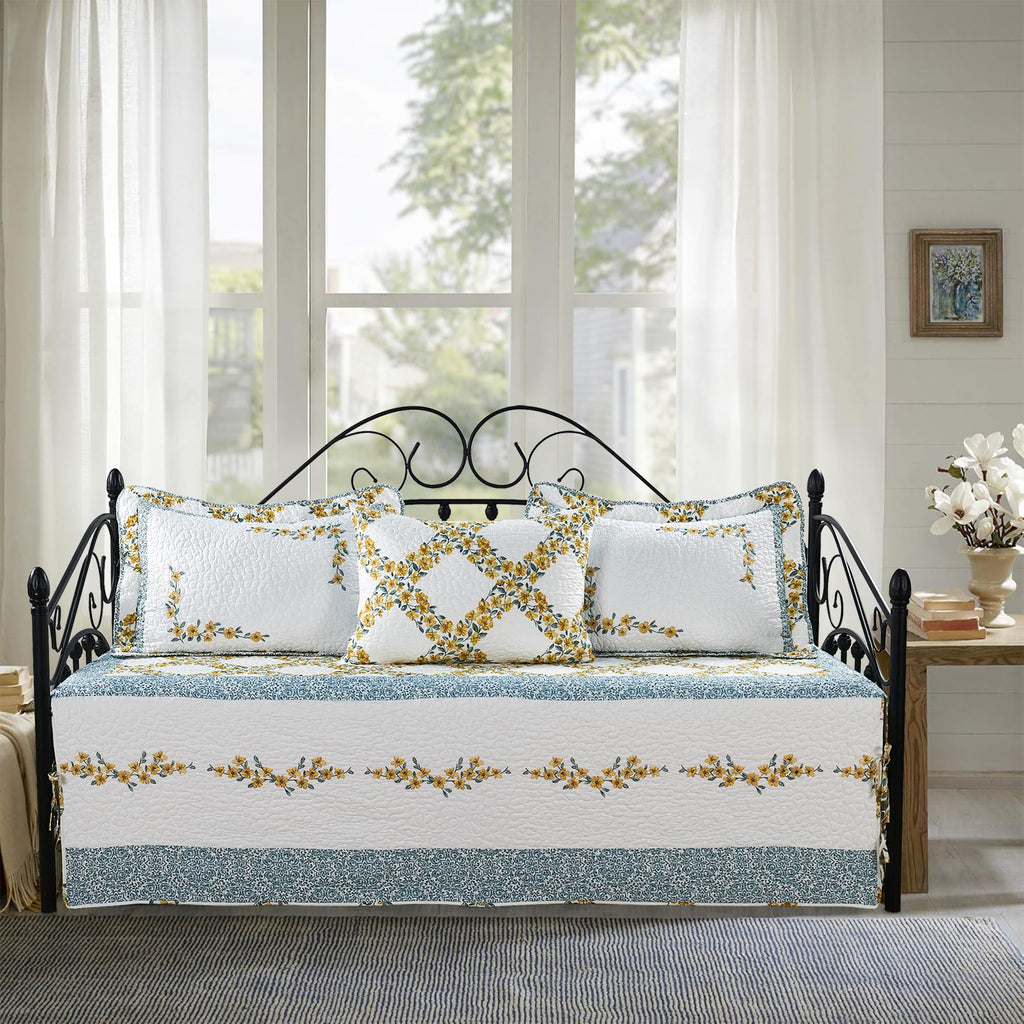 5-Piece Quilted Microfiber Daybed Cover Set with Floral Embroidery, All Season Luxurious Bedding with Matching Shams and Bed Skirt, 75"x39", Pink Flower