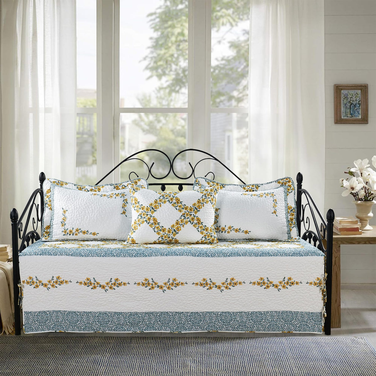 5-Piece Quilted Microfiber Daybed Cover Set with Floral Embroidery, All Season Luxurious Bedding with Matching Shams and Bed Skirt, 75"x39", Pink Flower