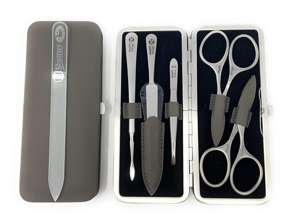 Niegeloh Solingen TopInox Surgical Stainless Steel Luxuries Manicure Set Grooming kit In Quality Nappa Leather Case Made in Germany Plus BONUS: SHPITSER Crystal Glass Nail File