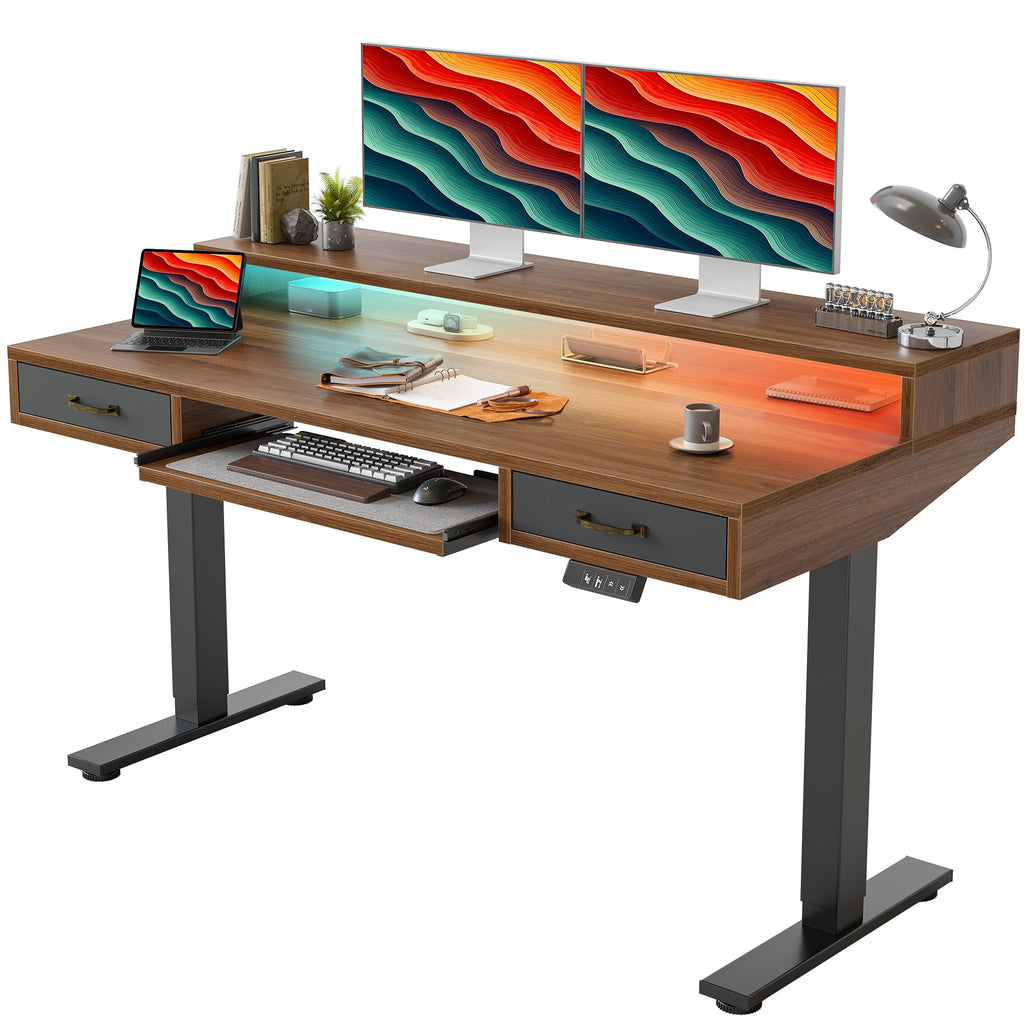 TIQLAB Standing Desk with Two Drawers, Stand Up Standing Desk Adjustable Height, Electric Sit Stand Table with Storage Shelf and Splice Board, with LED Light, 55 * 28 inch, Maple