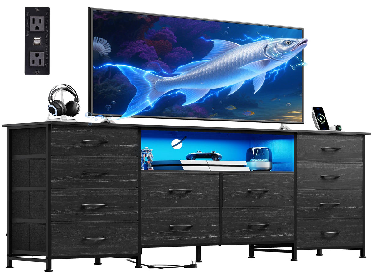 WLIVE LED Dresser TV Stand for 75 Inch TV, 12 Drawers, Black