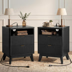 LYNCOHOME Fluted Nightstand with Charging Station, 19.7 inch Wide End Table with 2 Drawers, Modern Wood Bedside Table for Bedroom,Brown,1 Pcs