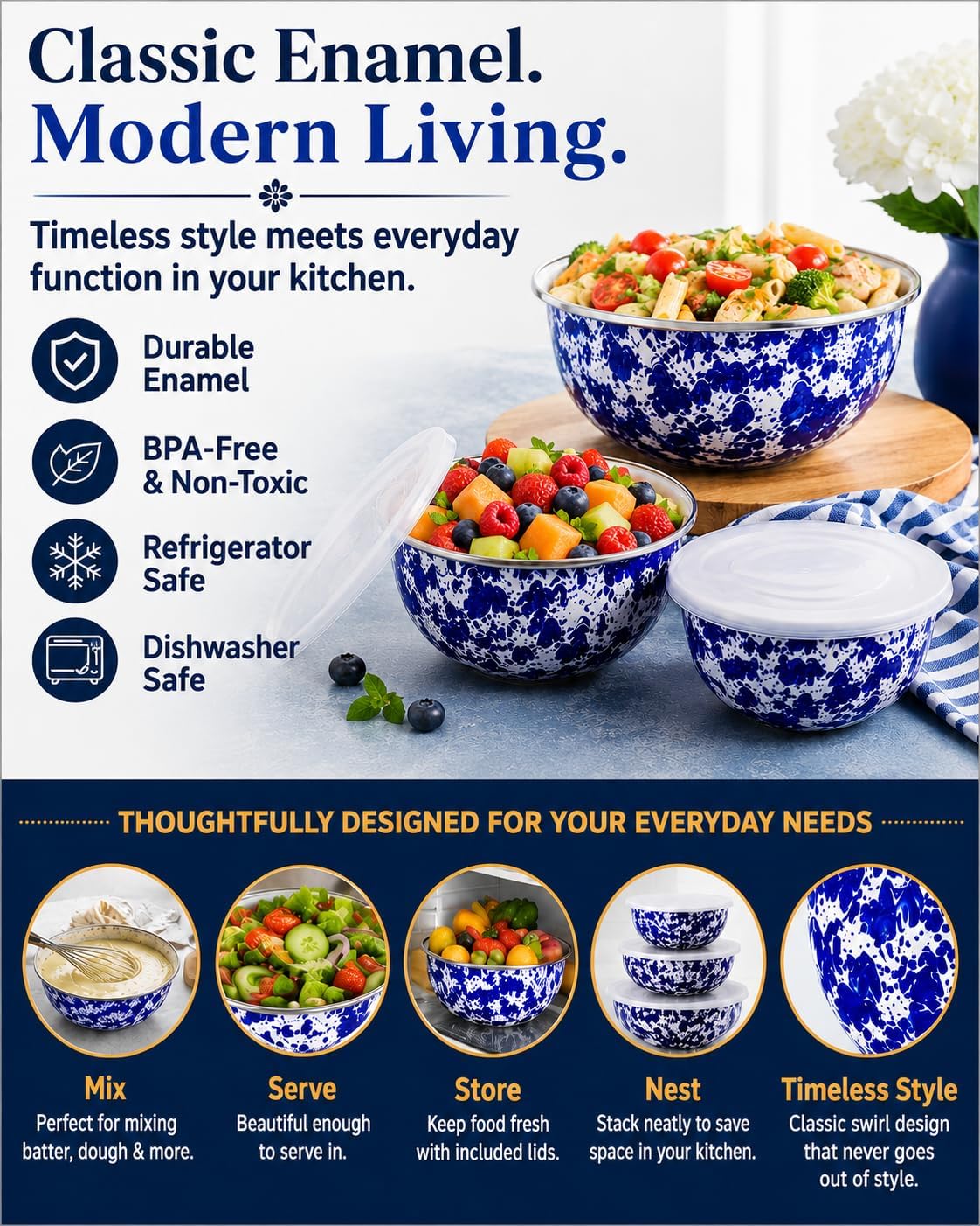 Golden Rabbit Enamelware Nested Mixing Bowls with Lids, Set of 3, Cobalt Swirl