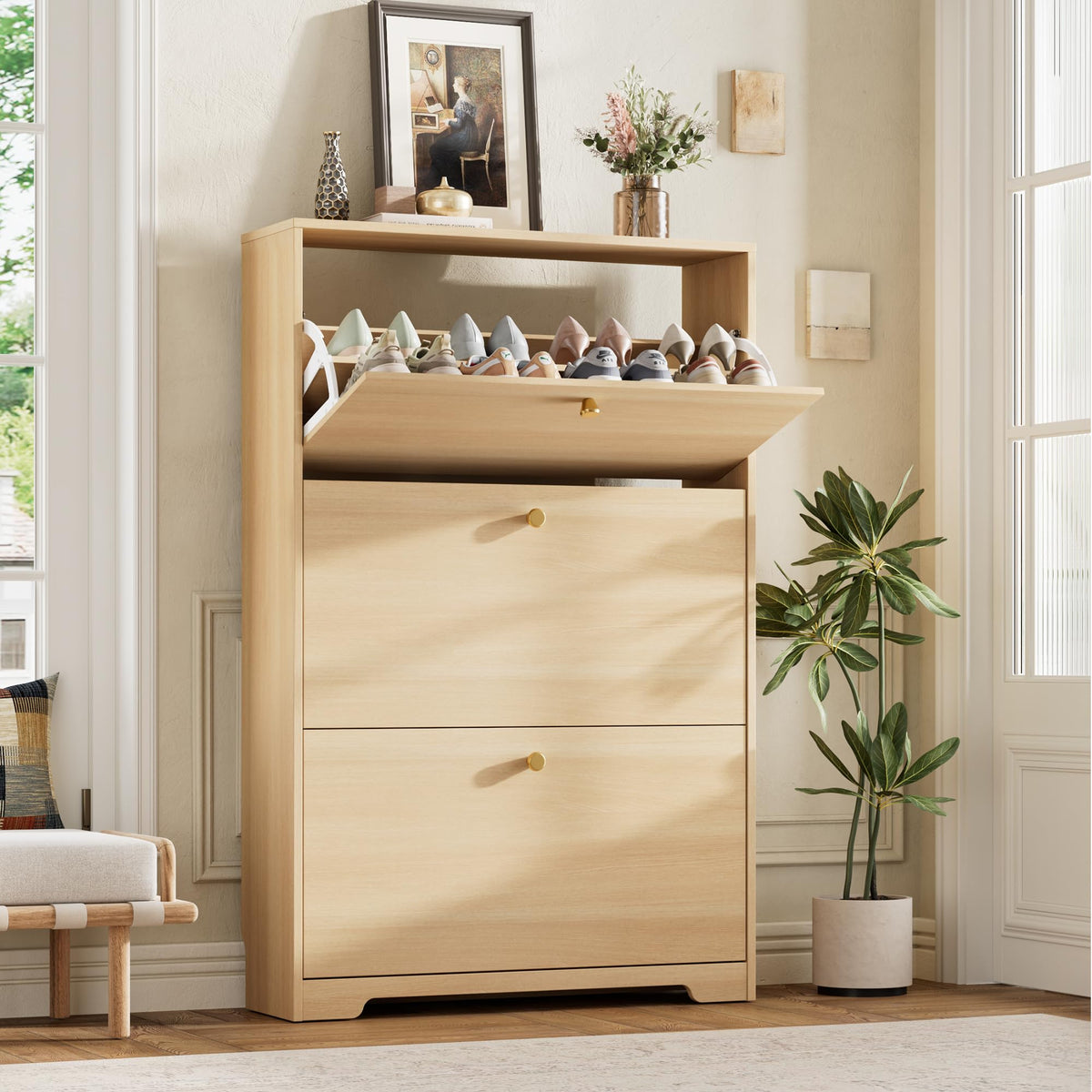 Nicetree Shoe Cabinet with 3 Flip Drawers, Narrow Shoe Organizer Cabinet, Freestanding Shoe Rack Cabinet, Modern Shoe Storage Cabinet for Entryway, Hallway, Foyer, White