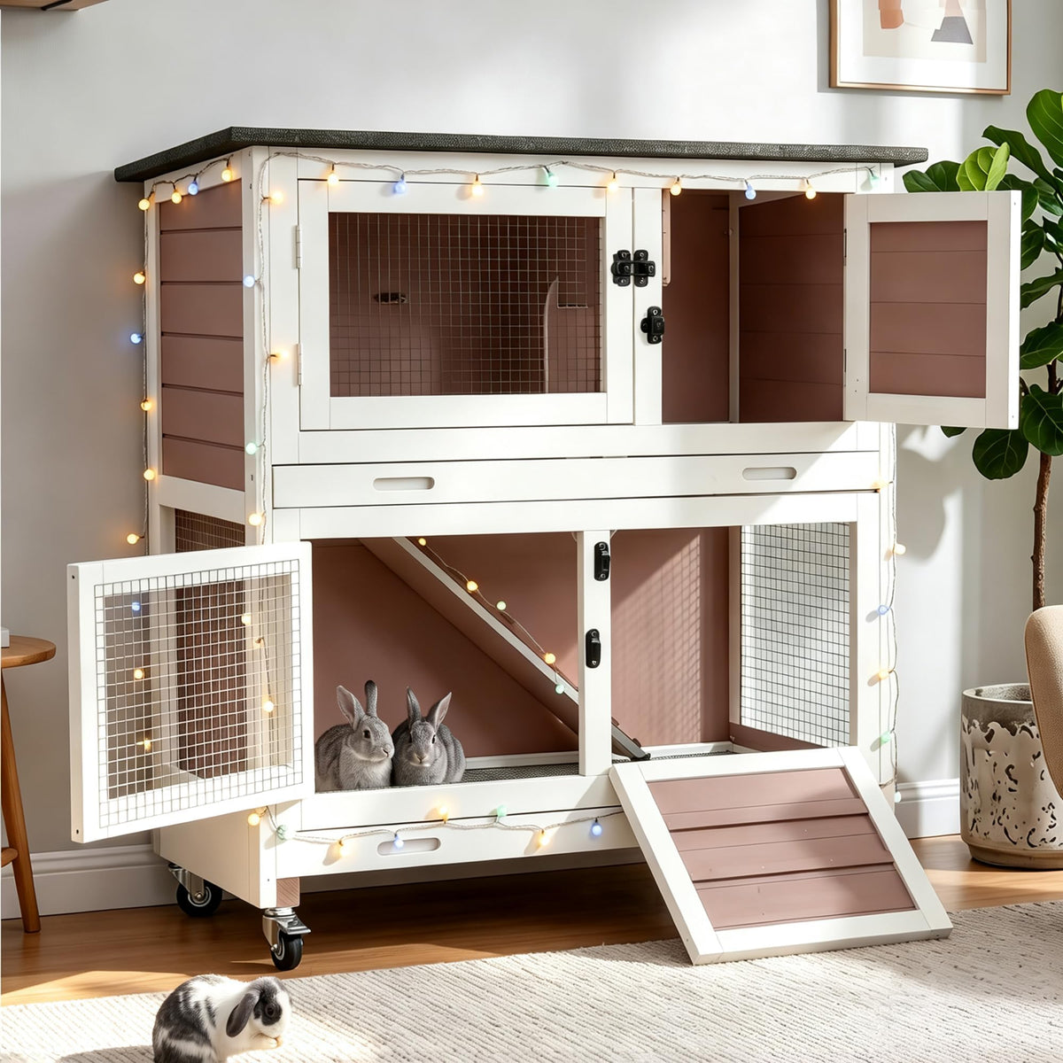 Suumerpety 2-Story Wooden Rabbit Hutch with Chew-Proof Ramp, Dual Leak-Proof Pull-Out Trays & 4 Lockable Wheels, Indoor Outdoor Bunny Cage for Rabbits & Guinea Pigs (Grey)