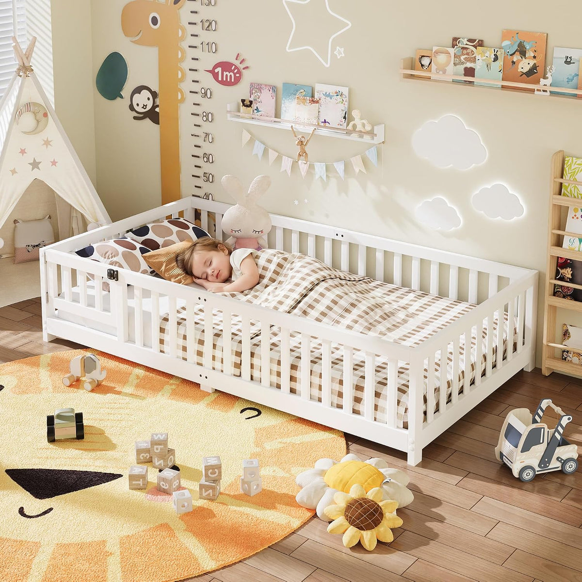 Gizoon Twin Montessori Floor Bed for Toddlers Floor Bed Frame, White