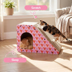 Kento 23.63" Modern Cardboard Cat Cave Scratcher with Catnip, Angled Trapezoid Hideaway House and Scratching Lounge for Indoor Cats, Heart Pattern CSR1008C