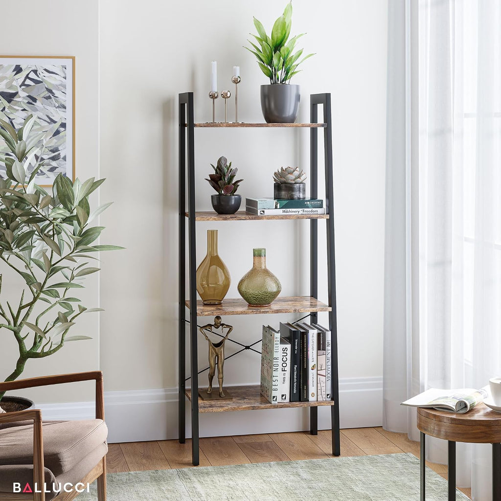 Ladder Shelf Bookcase, 4-Tier Bookshelf, Leaning Plant Stand, Storage Rack, Display Shelves with Steel Frame, Industrial Style for Living Room, Home Office, Kitchen, Bedroom - Rustic Brown and Black