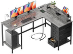 Korfile 59 inch L Shaped Computer Desk with Power Outlets, Black