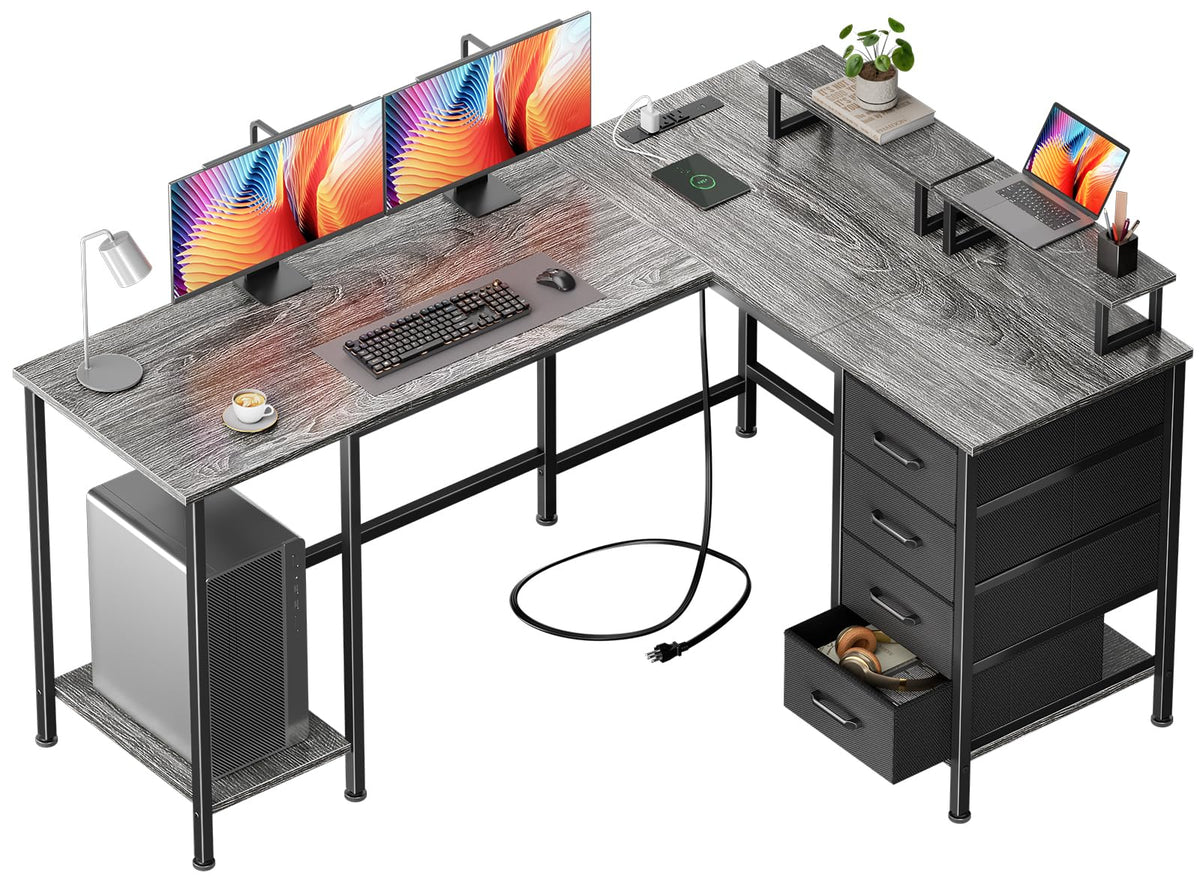Korfile 59 inch L Shaped Computer Desk with Power Outlets, Black