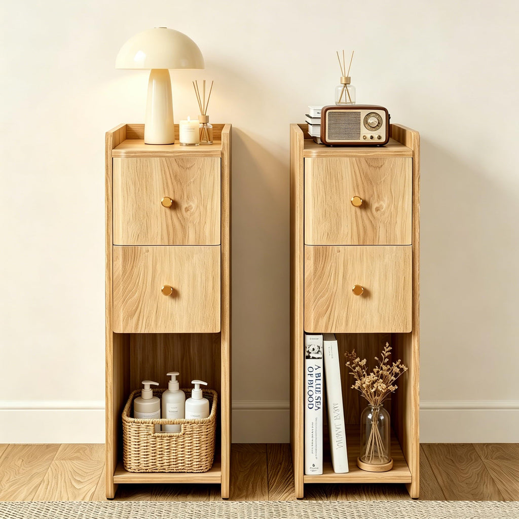 Narrow Nightstand Set of 2, Wooden Small 2 Drawer Nightstand, Slim Side End Table, Skinny Bedside Table, Mid Century Modern Night Stand with Drawers for Bedroom (Walnut-2 pcs)