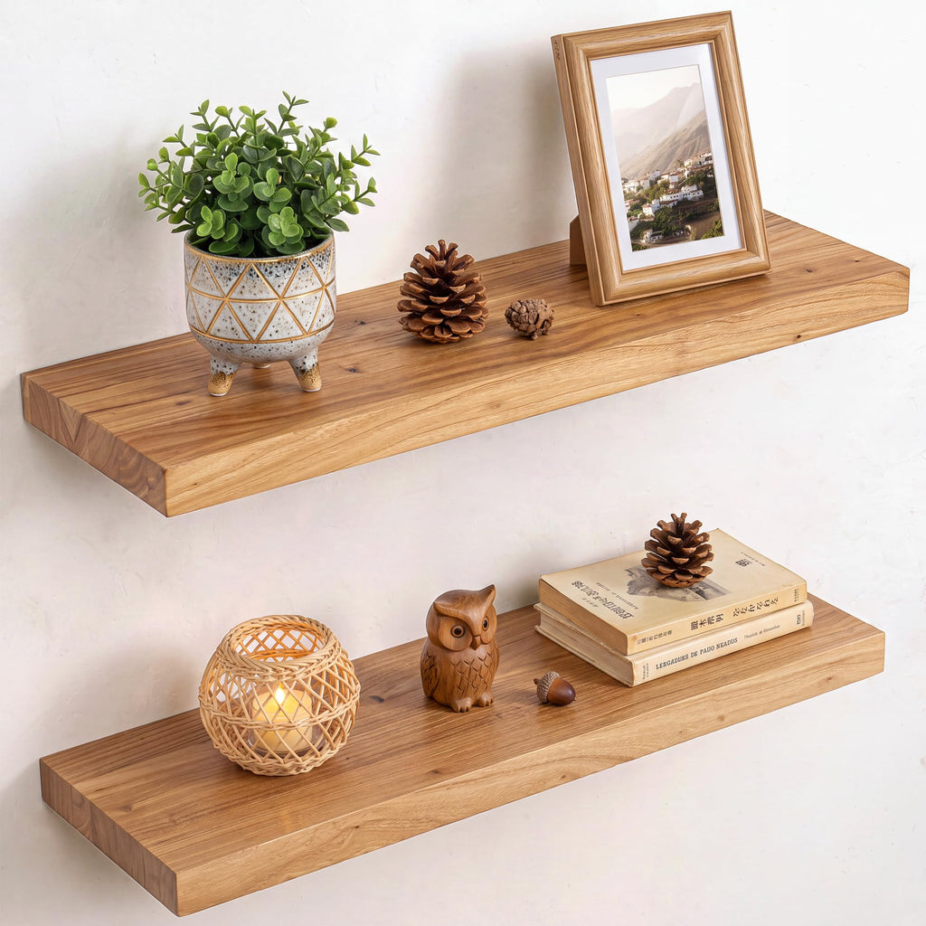 Live Edge Elm Floating Shelves - 24 In Rustic Solid Wood Shelves with Heavy-Duty Invisible Bracket, Wall-Mounted Wooden Shelf for Living Room, Bathroom, Kitchen Storage & Display, Set of 2, Natural