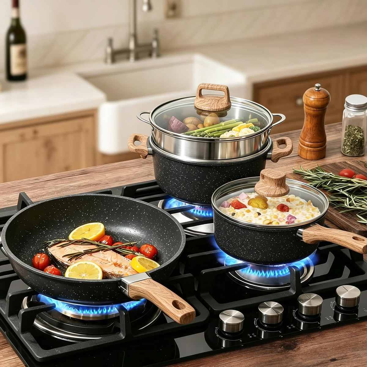 18Pcs Nonstick Cookware Set With Handles, Black Sauce Pots Pans Set,Includes Steamer Silicone Kitchenware, Pan Protectors,Frying Egg Pans，For Induction Cooktops，Easy Clean（Black Sleek Style）
