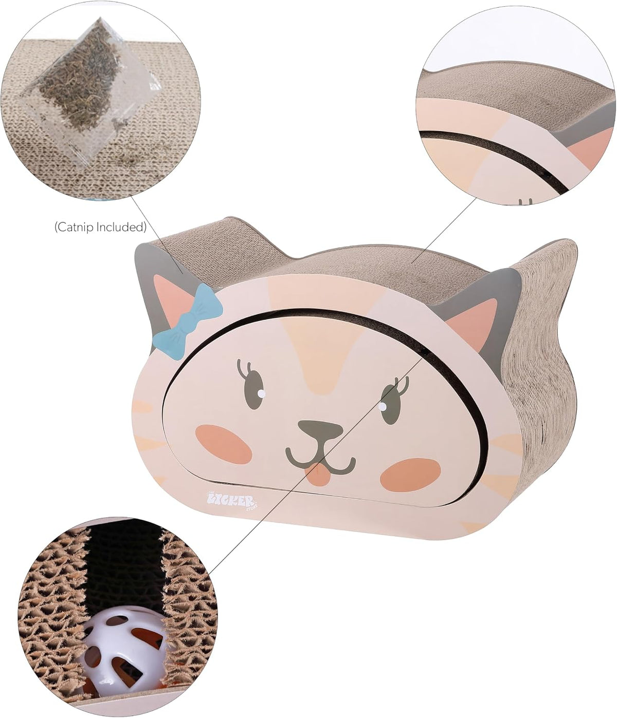 CSR1000B Opal 19" Modern Cardboard Happy Cat Head 2-in-1 Cat Cave Scratcher with Built-in Bell Toys and Catnip, Cream/Peach