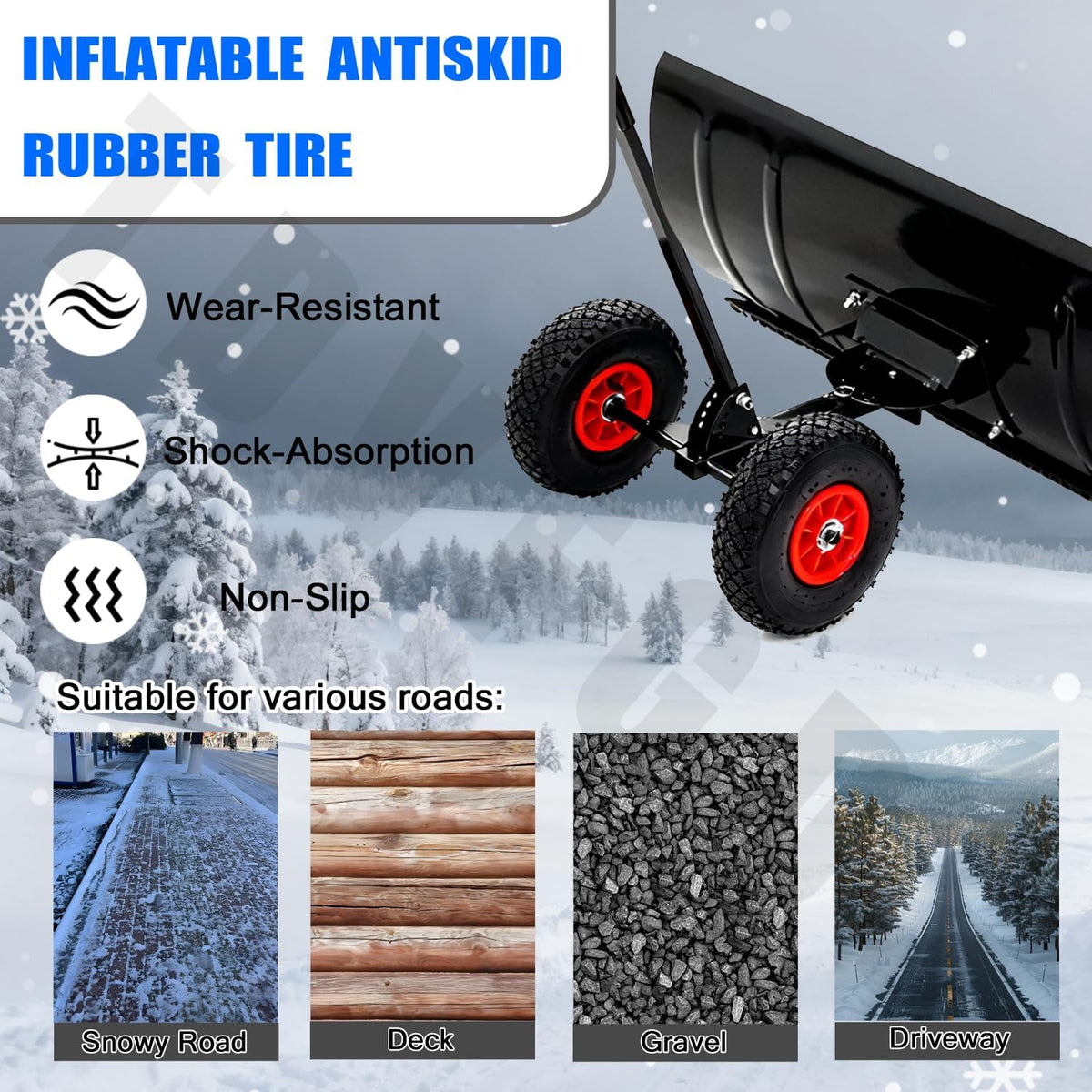 Snow Pusher with Wheels, 29" Wide Snow Shovel for Driveway, 5-Position Angle & Height Handle Ergonomic Design for Back-Save Effort Snow Removal (Single Rod-W 29'')