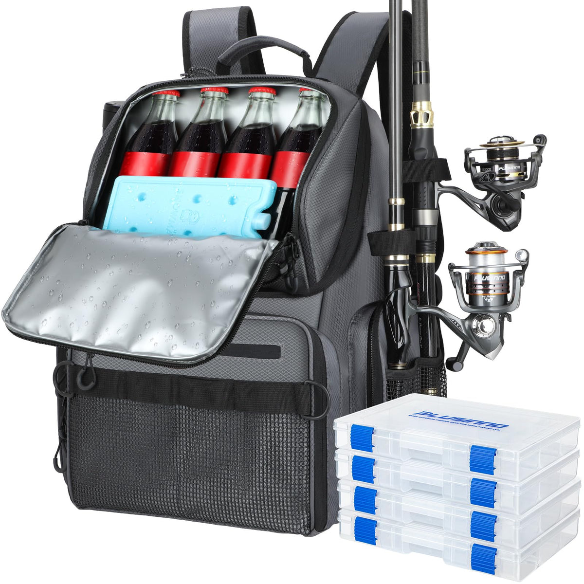 PLUSINNO Cooler Fishing Backpack with Rod Holders 45L Large Water-resistant Fishing Tackle bag Store Fishing Gear Fishing Gifts for Men Father