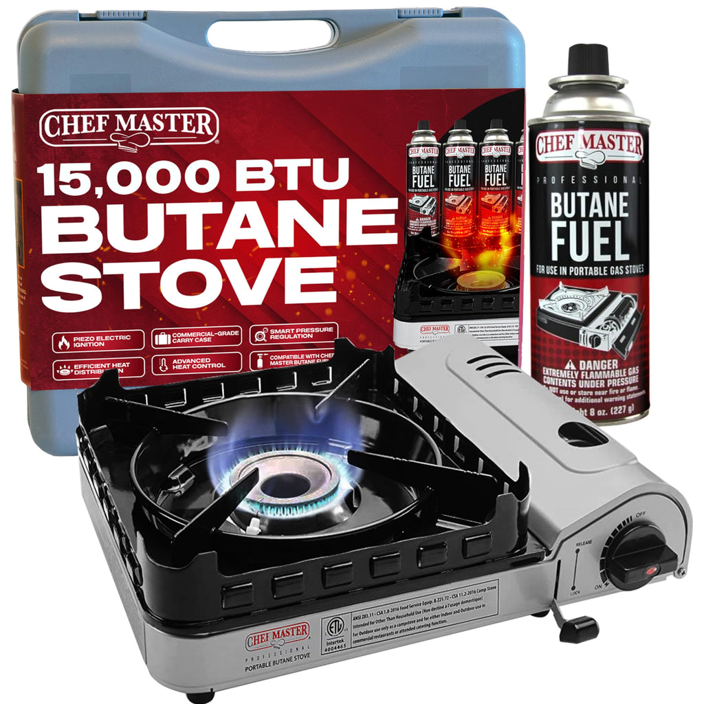 Chef Master Butane Camping Stove + 4x 8 oz Fuel, Backpacking, 15,000 BTU