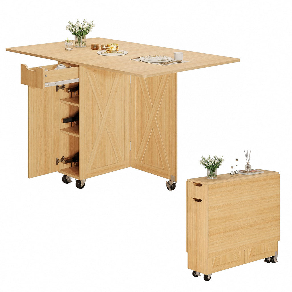 Folding Dining Table, Space Saving Kitchen Table with 6 Wheels(Light Brown)