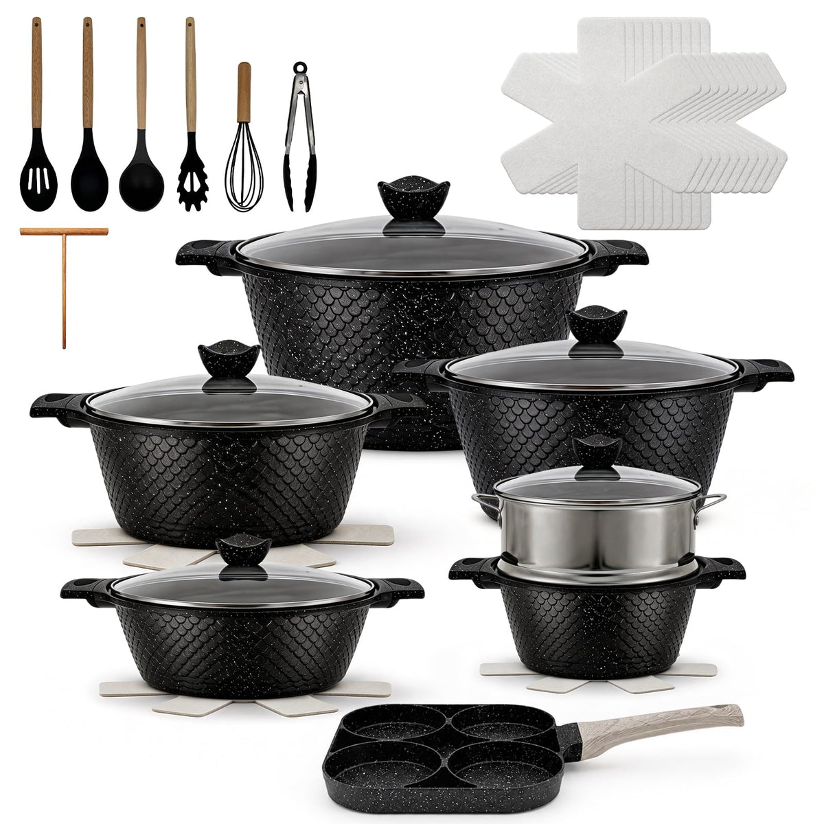 15pc Nonstick Cookware Set with Detachable Handles,Brown Finish Scale Shaped，Sauce pot and Pan，8-11 inches frying PAN,Aluminum Construction, Space-Saving Storage, Includes Utensils