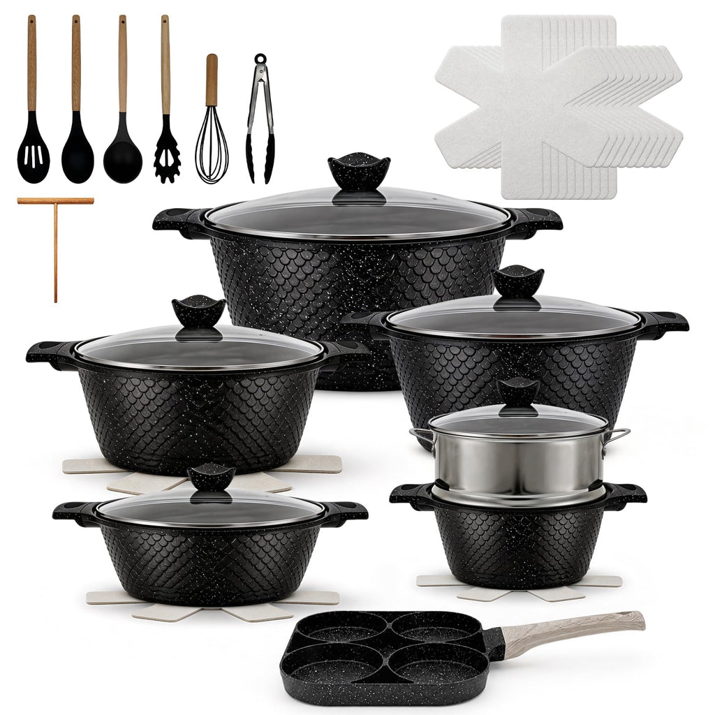 27piece Kitchen Pots And Pans Set Ceramic Home Nonstick Cookware Sets,a Heat-Resistant Glass Lid And Handles,Silicone Kitchenware Included|For Induction Cooktops Dishwasher Safe（Beige Sleek Style）
