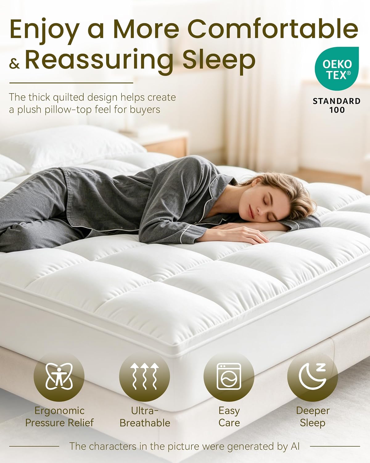 Mattress Topper, WestMonth Premium Quilted 1000gsm Extra Thick Mattress Topper, Fluffy Soft & Breathable Cooling Memory Foam Mattress Topper for Back Pain, 8-21" Deep Pocket (Queen)