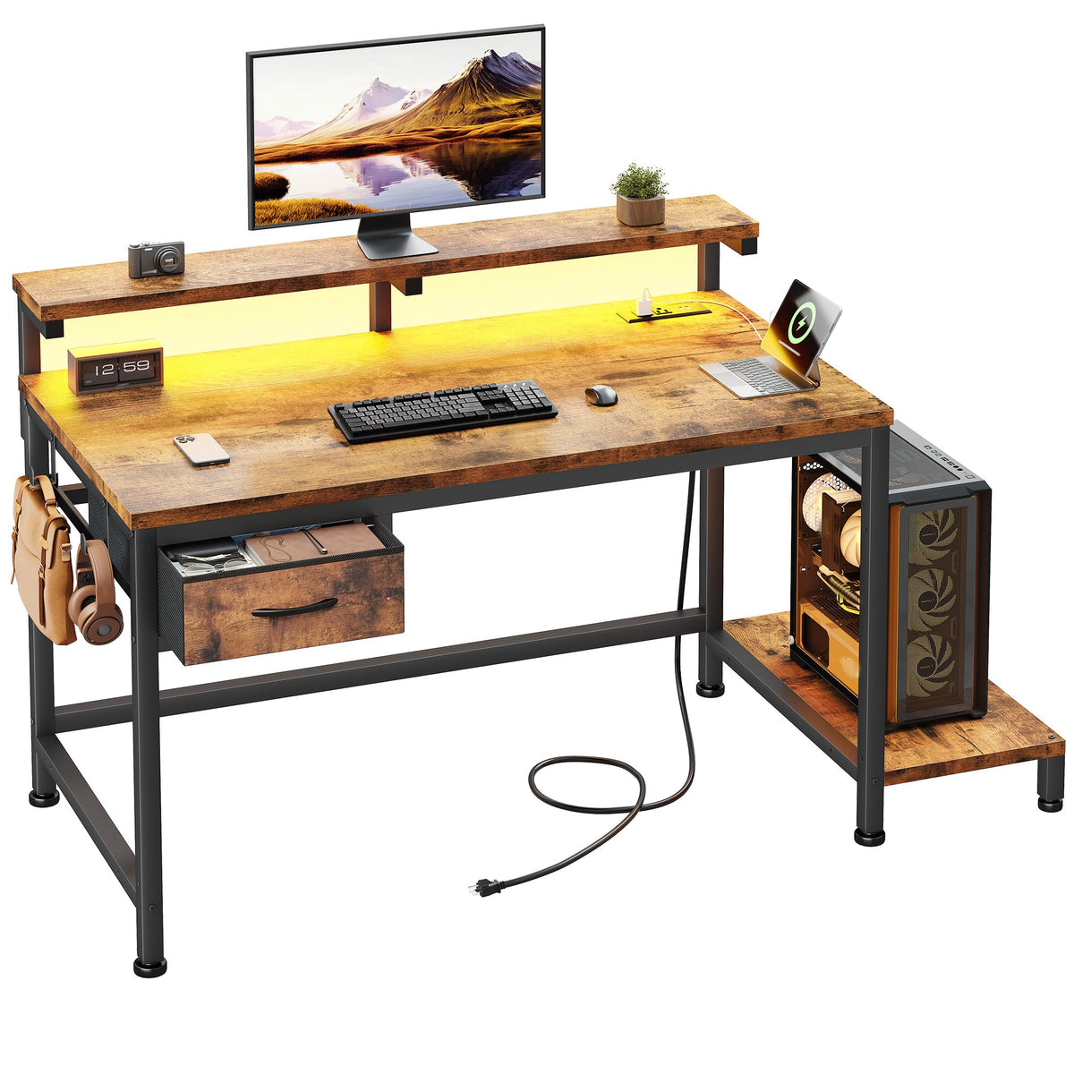 DurayLoly 47.2" Gaming Desk with Power Outlet and LED Lights,Bedroom,Black