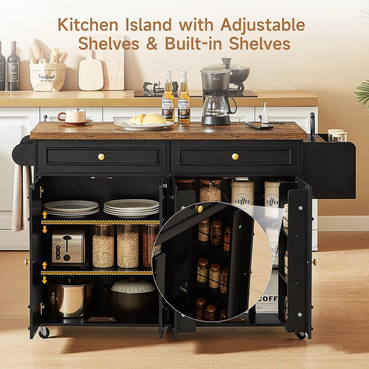ONBRILL 58" Kitchen Island with Power Outlet, Rolling Kitchen Cart, Black