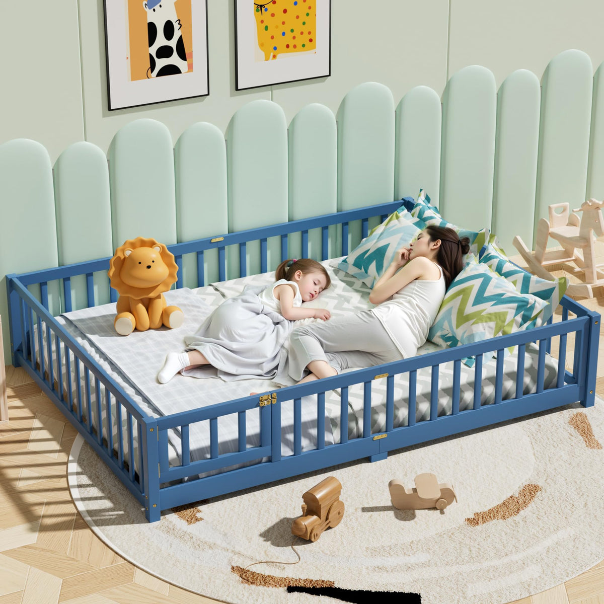 i-POOK Full Size Floor Bed for Children, Solid Wood Montessori Bed Frame with Fence & Door Montessori Floor Bed with Safety Guardrails for Girls and Boys, White (with Bed Slats)