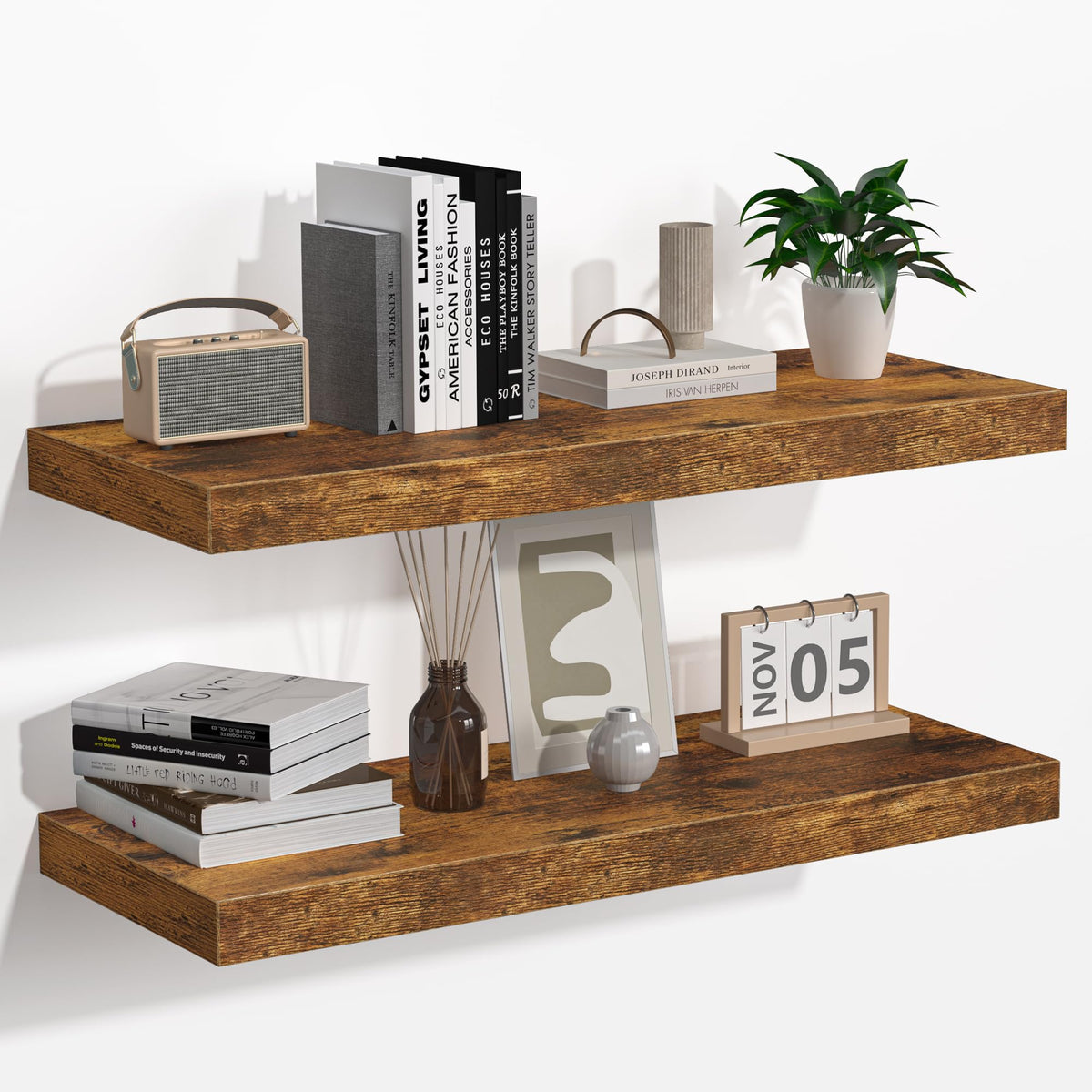 Fun Memories Floating Shelves - 2 Pack 12 Inch Rustic Wooden Wall Shelves - Extra Deeper & Thicker Wall Mounted Storage Shelf for Living Room, Kitchen, Farmhouse - 36" W x 12" D x 1.8" H - Brown