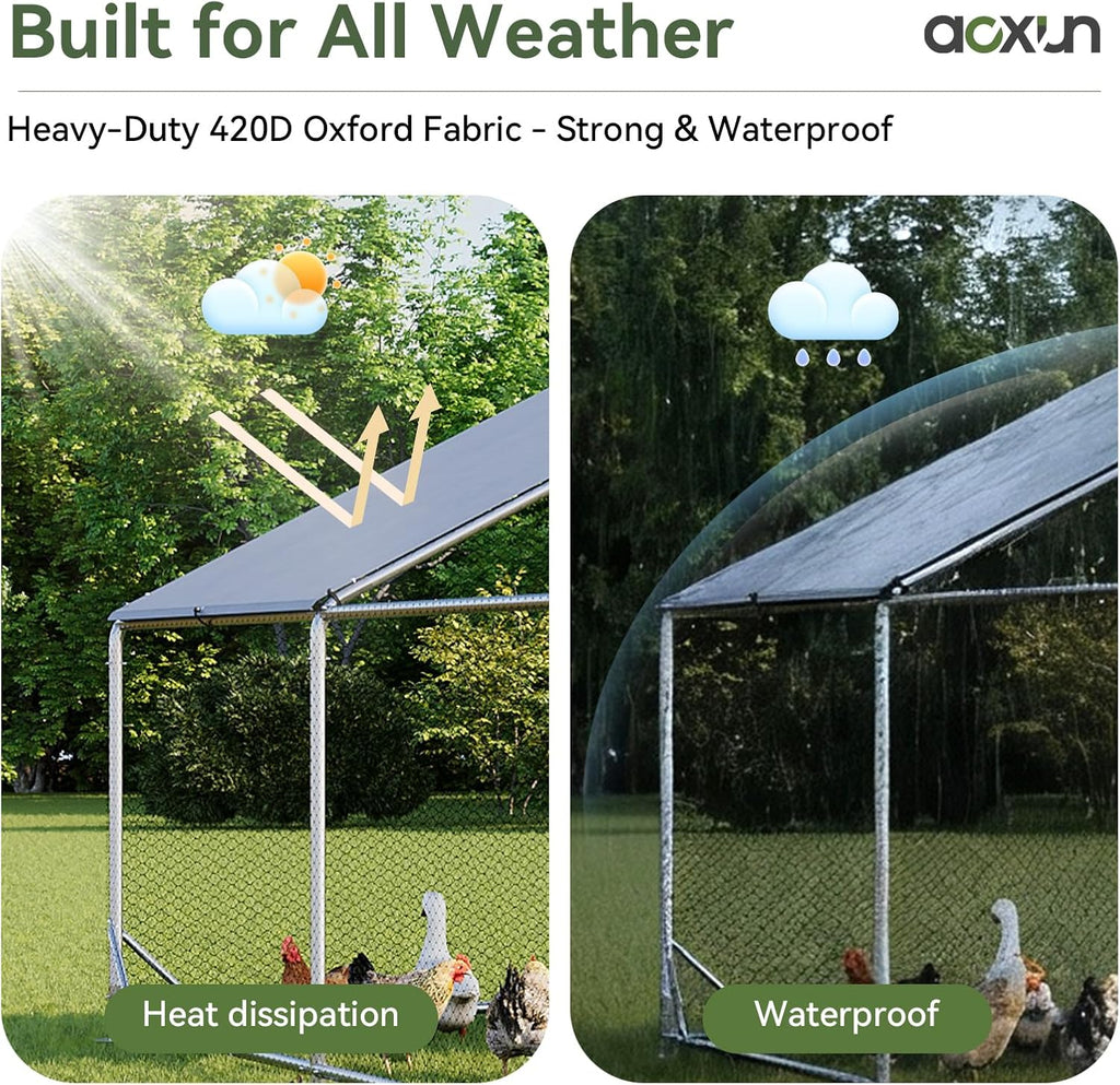 Aoxun Large Metal Chicken Coop, Outdoor Chicken Runs for Yard with Cover, Spire Roof Hen House Enclosure with Security Lock, Walk-in Cage Peak Hen House for Yard Farm (10x20x6.4 FT)