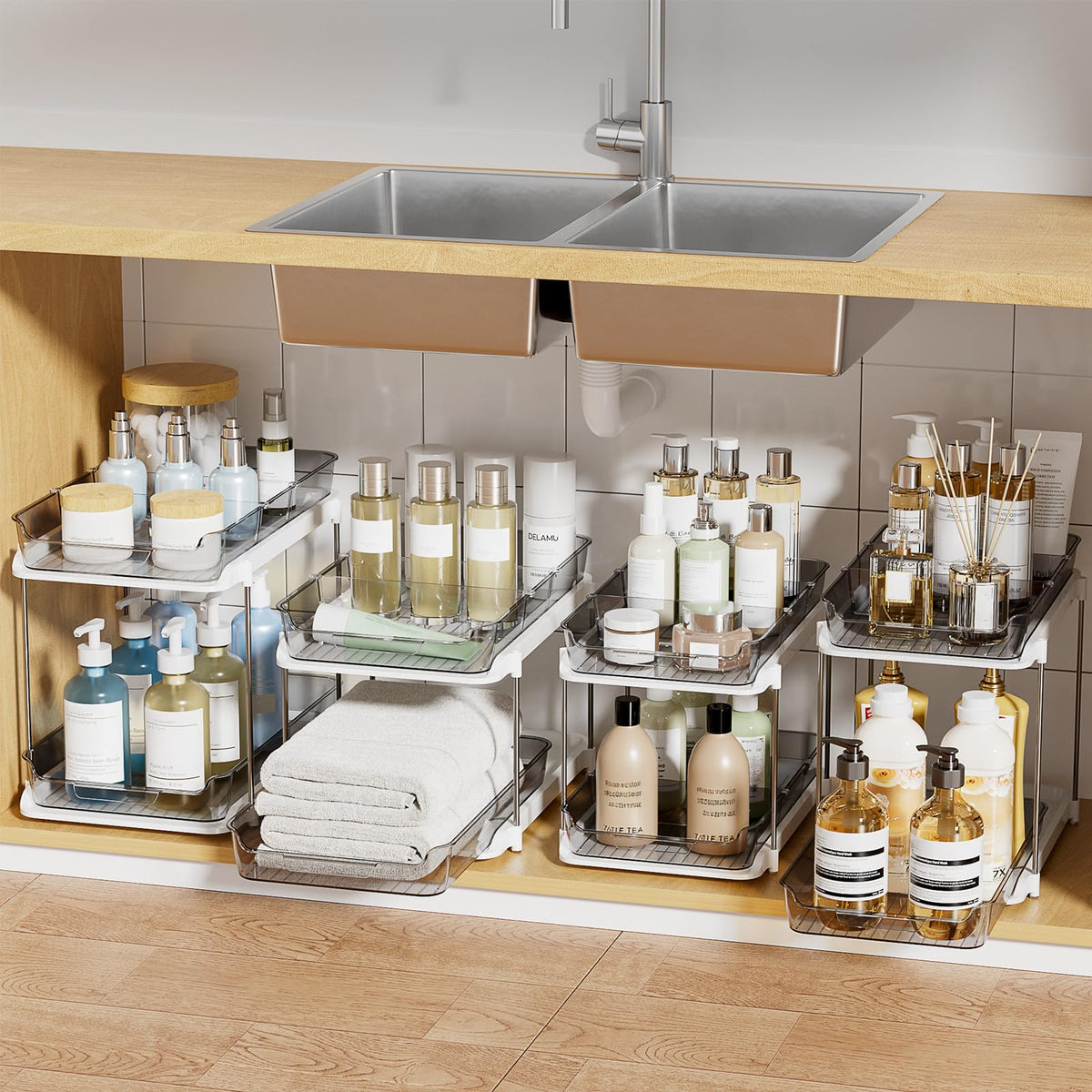 Delamu 2-Tier Multi-Purpose Bathroom Under Sink Organizers and Storage, Stackable Kitchen Pantry Organization, Pull Out Medicine Cabinet Organizer with Movable Dividers, White, 4Pack
