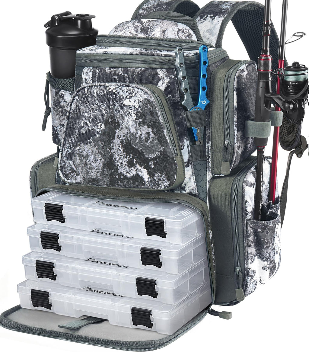 Piscifun Fishing Tackle Backpack with 2 Rod Holders, 4 Boxes & Rain Cover
