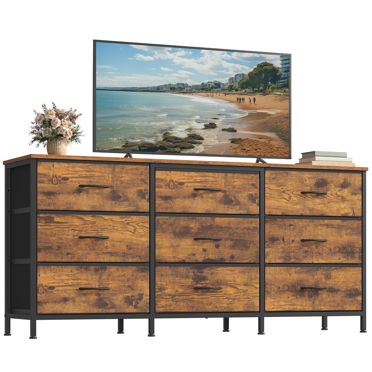 SONGMICS Dresser with 9 Fabric Drawers, TV Stand for TVs Up to 70 Inches