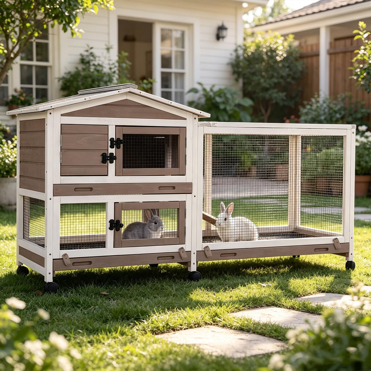 Bunny Cage Indoor and Outdoor Rabbit Hutch with Casters Waterproof Roof, Pull Out Tray from Back and Front 61.2" L x 22.6" W x 33.5" H