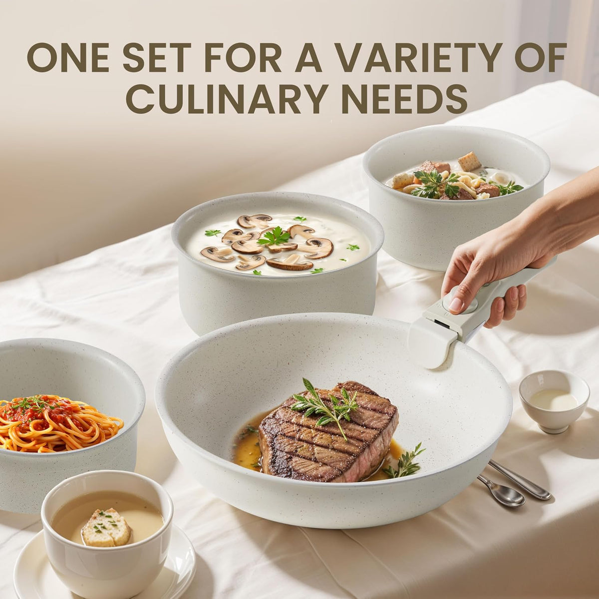 Simple Deluxe 12 Pcs Cookware Set, Non-Stick Pots and Pans Set, with Black Granite Texture and Detachable Handles, Resistant to High Temperatures, Oven Safe, PFAS and PFOA Free, Beige