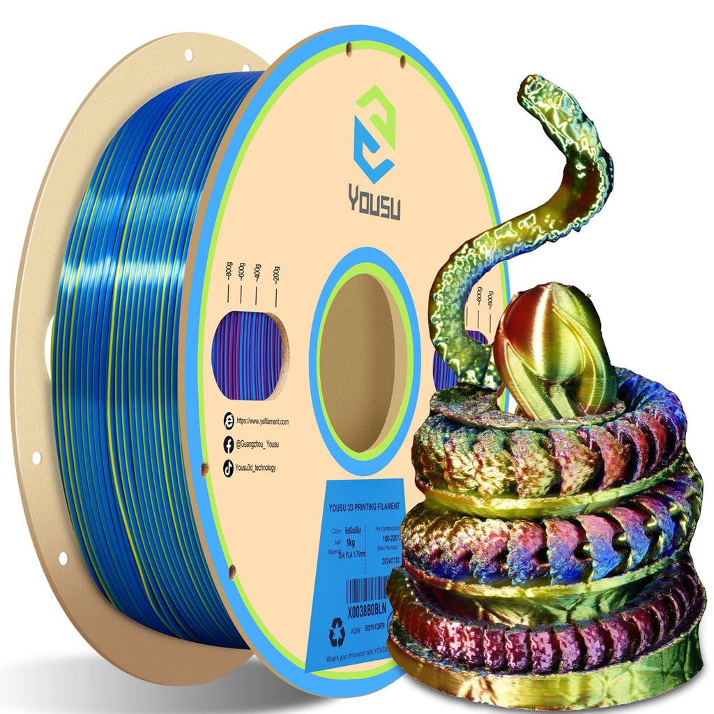 YOUSU 3D Printer Filament Silk PLA Filament Rainbow Color,1.75mm Tri Color PLA Filament 6kg Pack,1kg Spool.