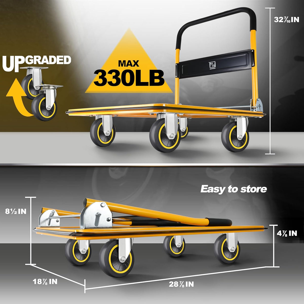 Wellmax Push Cart Dolly, Foldable Moving Platform Flat Cart, 330 lb, Yellow