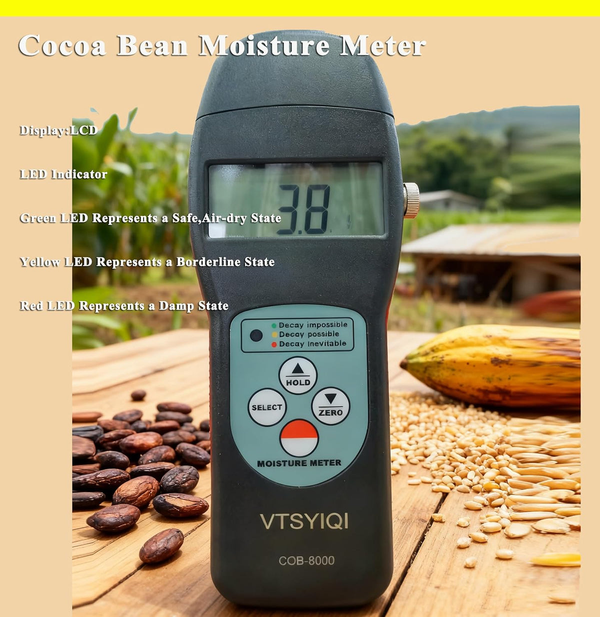 Digital LCD Cocoa Bean Moisture Meter Tester Cocoa Bean Humidity Tester COB-8000 with Test Range 0 to 24% for Cocoa Bean Water Measurement