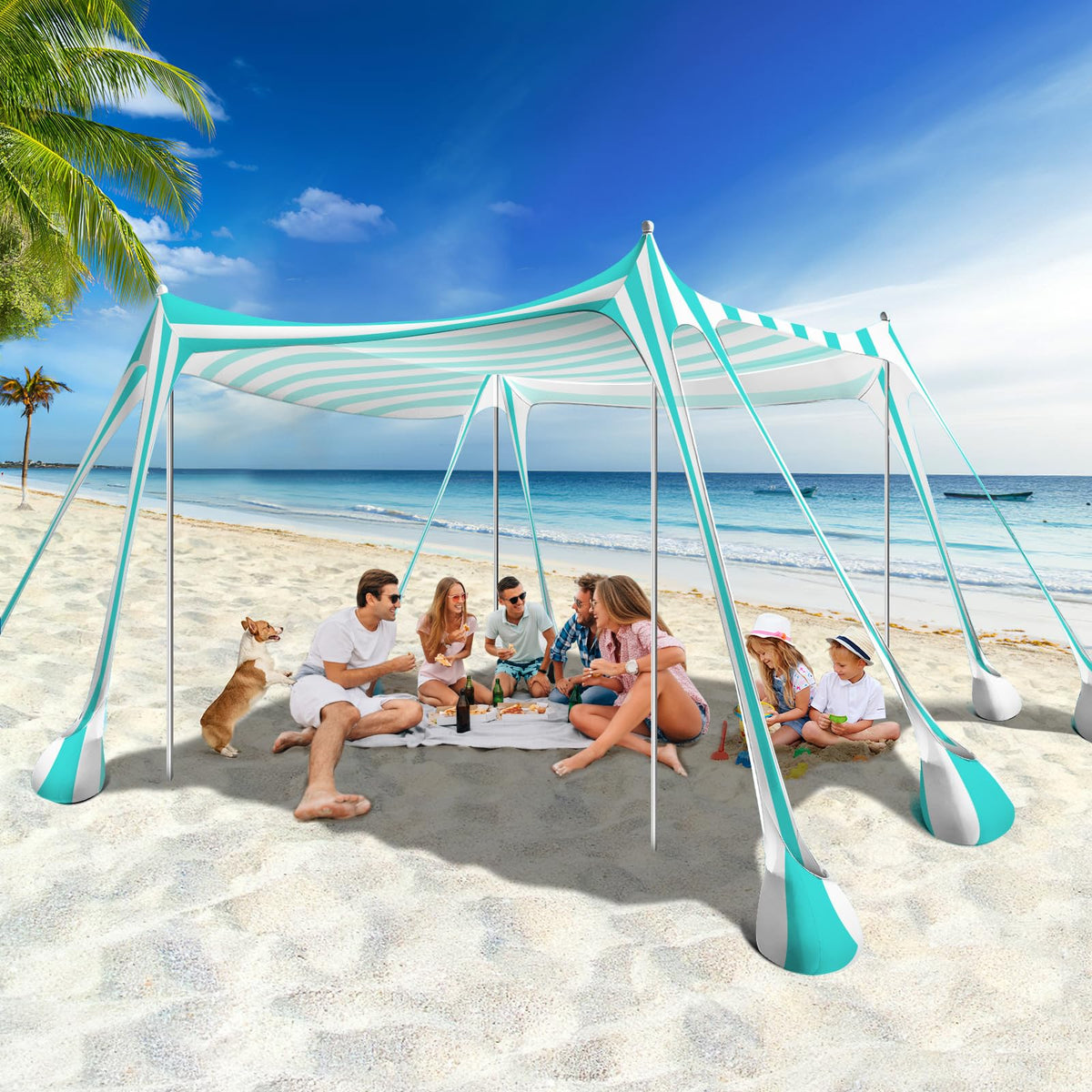 Rhino Valley 10 x 10 FT Beach Tent UPF50+ with 8 Sandbags 4 Poles, Sky Blue