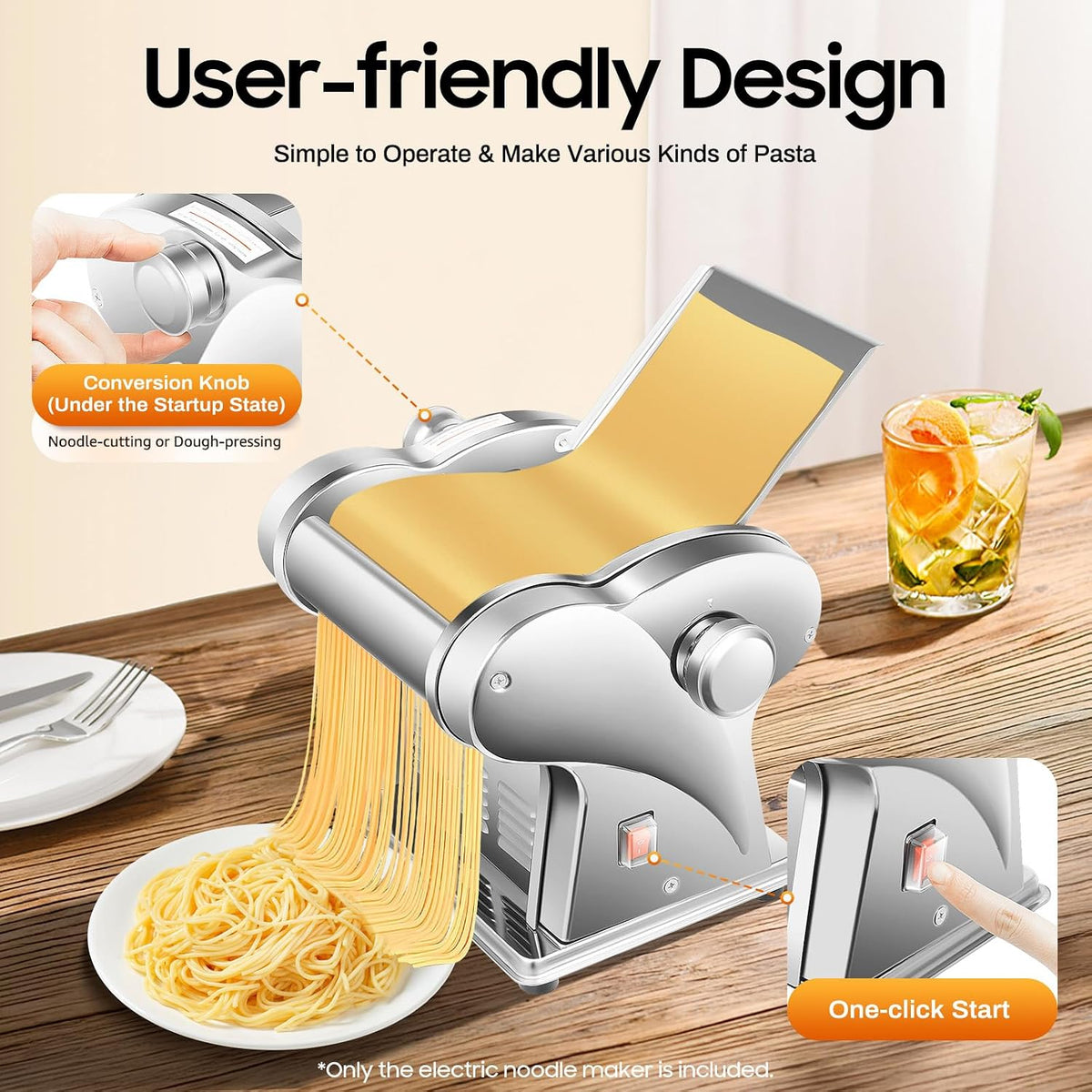 Bacocoo 2-in-1Pasta Maker with 8 Adjustable Thickness, Settings Noodle Maker with Rollers and Cutter, Make Spaghetti, Fettuccini, Lasagna, & More.(135W 110V)
