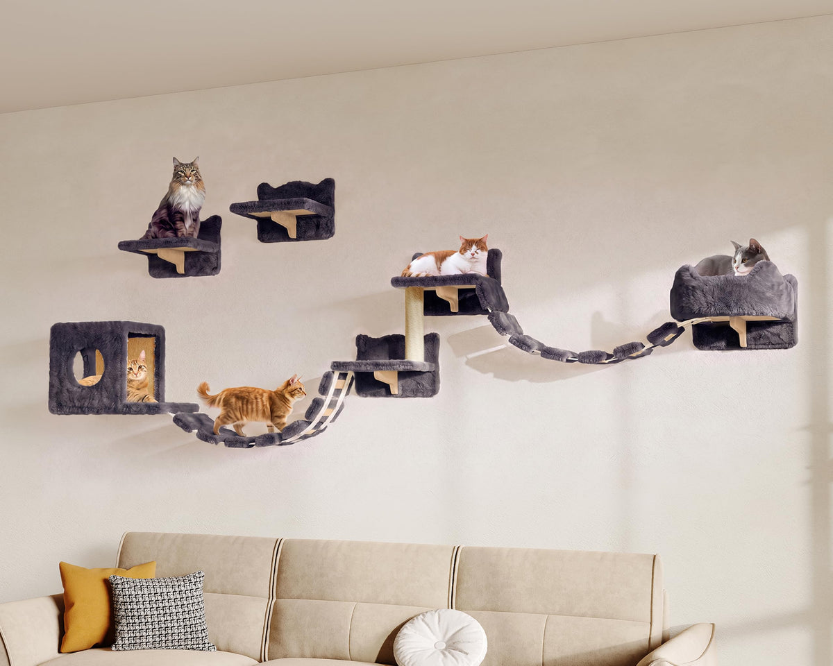 13-in-1 Cat Wall Shelves, Moon & Bridge Cat Wall Furniture, Beige