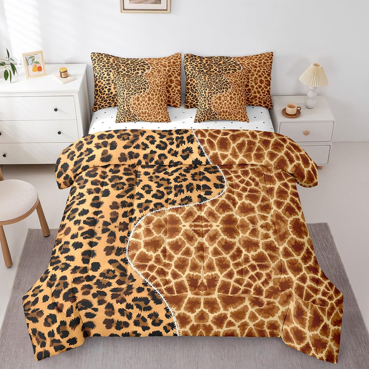 Erosebridal Brown Cow Print King Comforter Set 7 Piece, Simulated Black Cowhide Western Farmhouse Bedding Sets with Sheets, Rustic Highland Cow Skin Bed in a Bag with Fitted Flat Sheet, Pillowcases