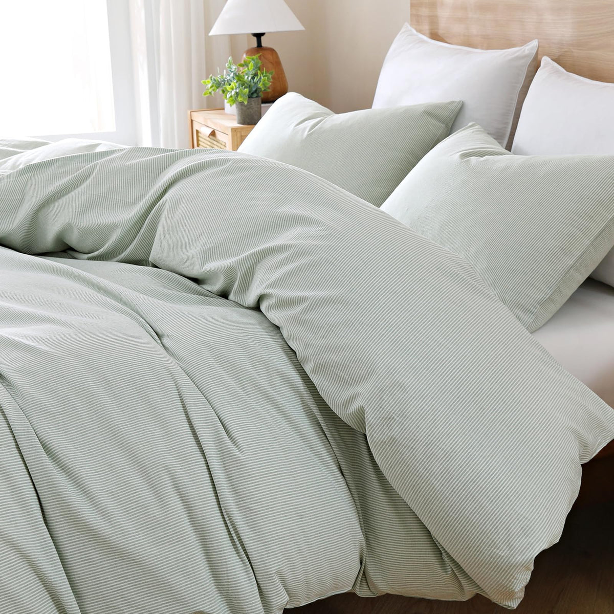 TOCOMOA Tan Gingham Duvet Cover Set Washed Cotton Like Linen, Cal King