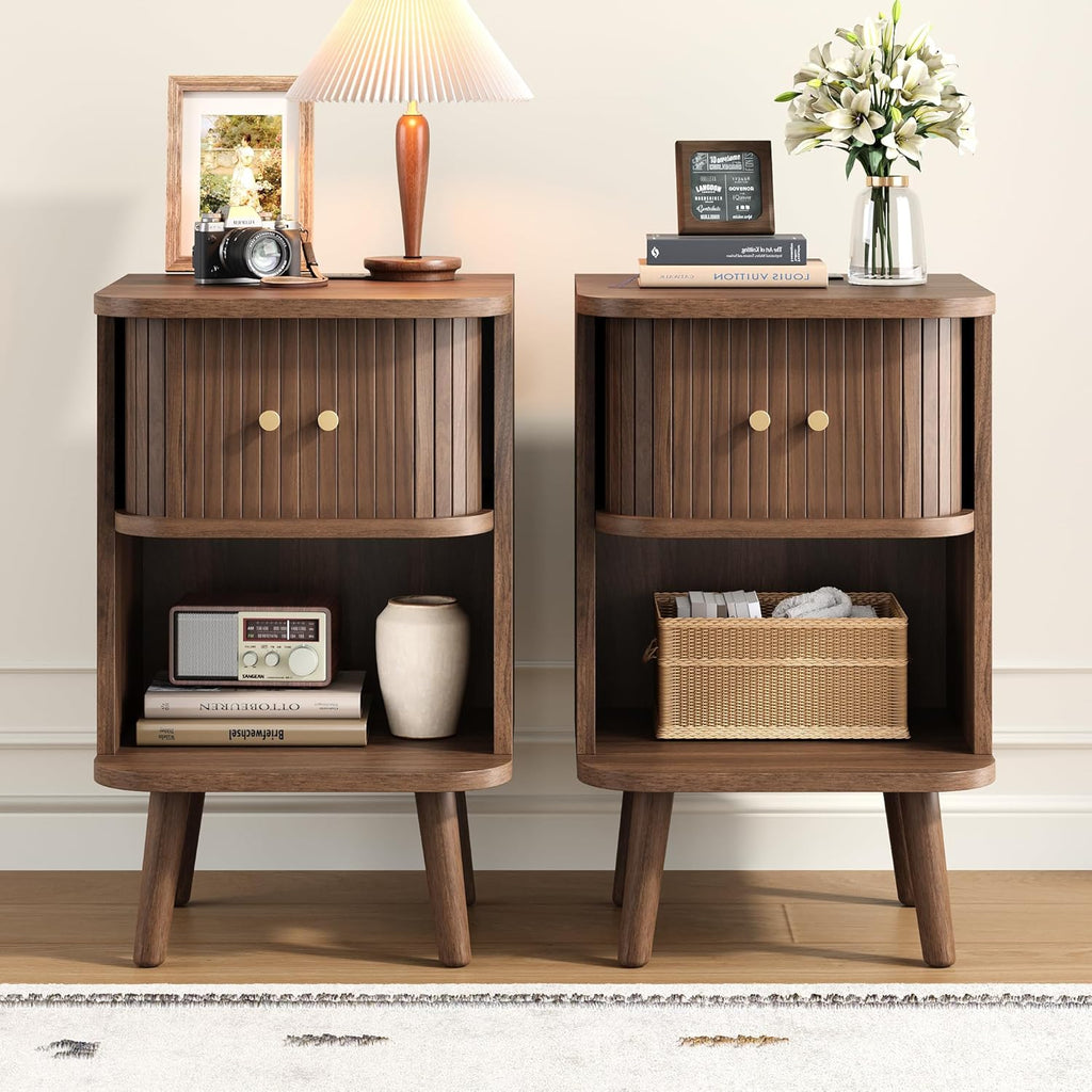 Decofy Fluted Nightstand Set of 2, Charging Station & Sliding Doors, Walnut
