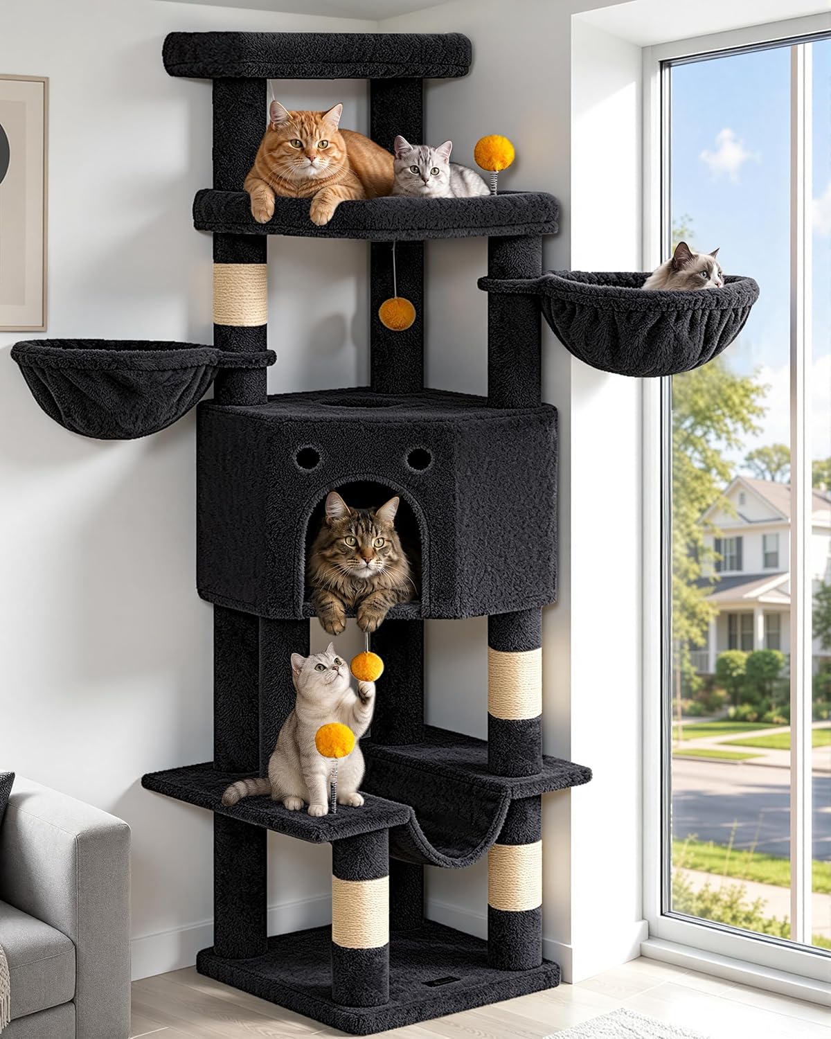 Cat Tree Tower for Indoor Large Adult Cats, 73in Tall Heavy Duty with Perch