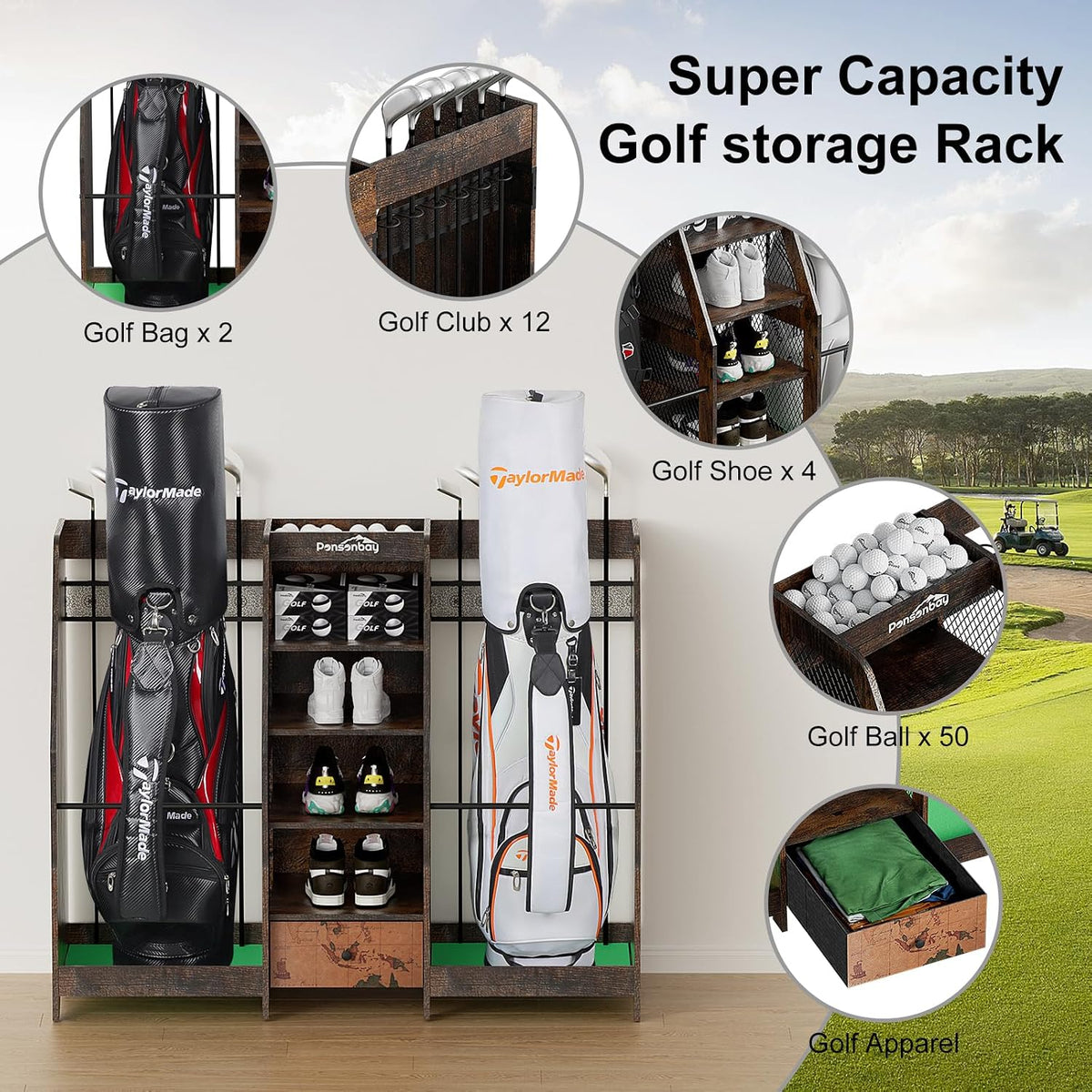 Golf Bag Storage Organizer Holds 2 Golf Bags for Garage - Wooden Rack
